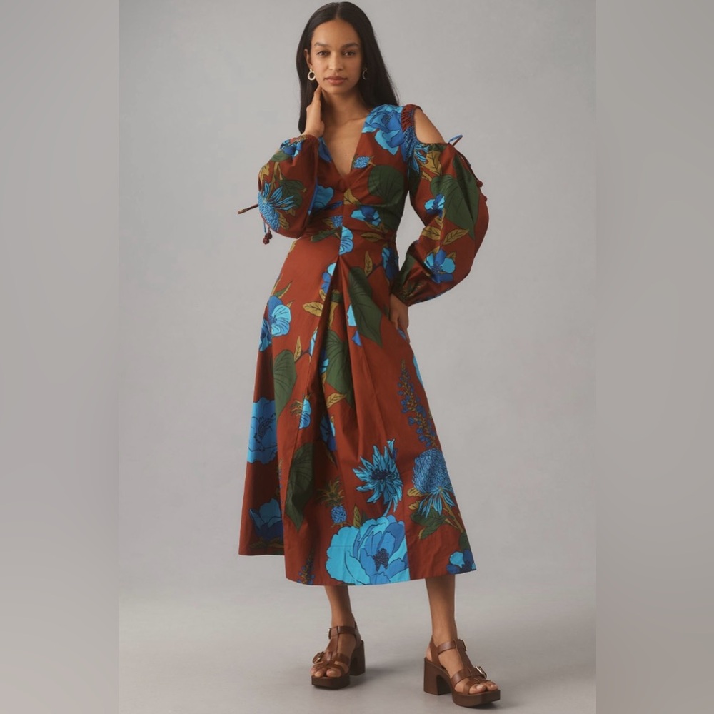 FARM Rio Long Sleeve V-neck Midi Dress
